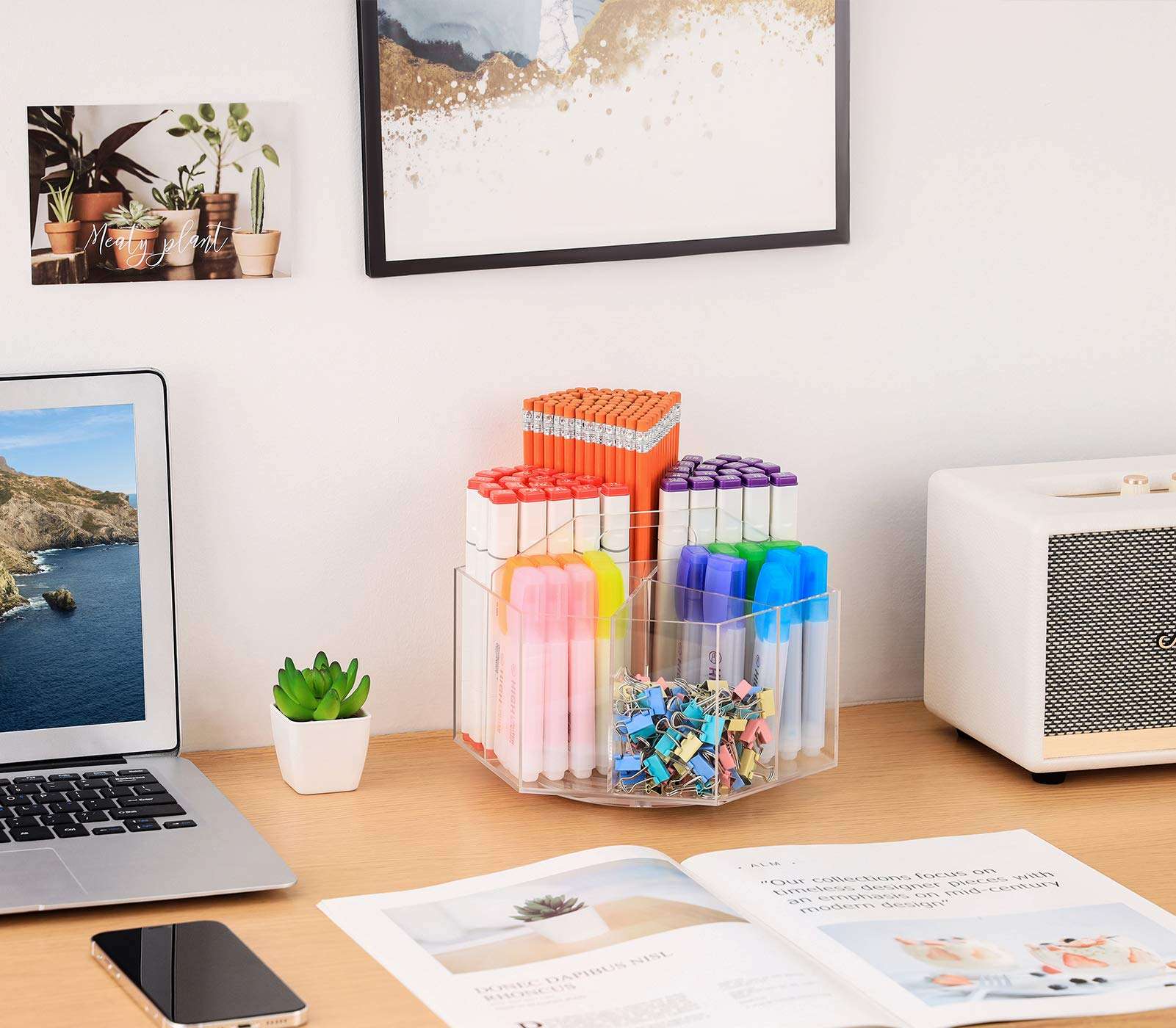 Marbras Acrylic Pen Holder, 360 Degree Rotating Clear Pen Organizer for Desk with 6 Compartments, Holds Over 600 Pencils, Stationery Organizer for Office, School, Home, and Art Supplies