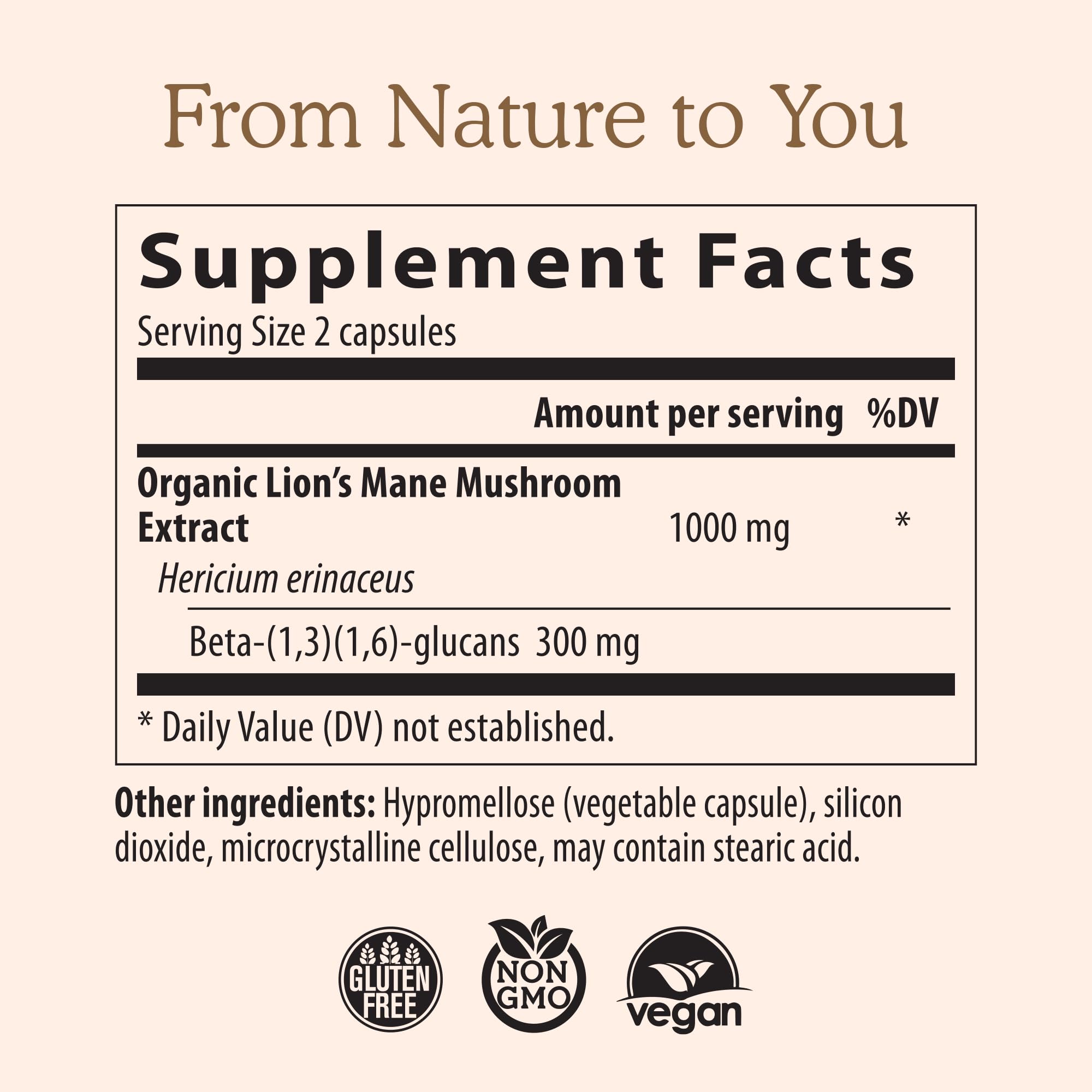 Real Mushrooms supplement facts label showing organic lions mane mushroom capsules 1000 mg extract serving