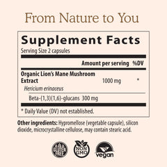 Real Mushrooms supplement facts label showing organic lions mane mushroom capsules 1000 mg extract serving