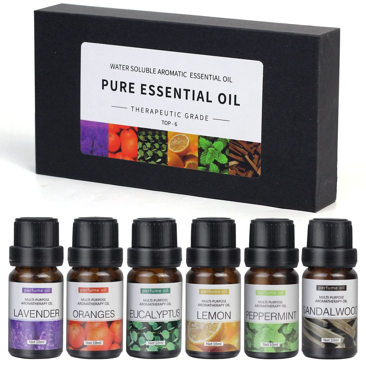 Essential Oils Set,Premium Pure and Natural Oil,for Oil Diffusers,6 pcs x 10 mL - Sandalwood，Sweet Orange，Lavender，Eucalyptus，Lemon，Mint