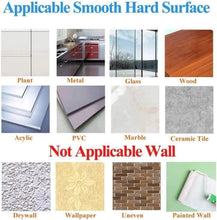Transparent adhesive hook compatibility chart showing smooth hard surfaces and exclusions