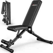 Adjustable weight bench with black padded backrest, seat, and steel frame