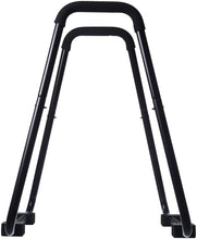 Dip fitness bar with curved handle and straight legs, black steel with foam feet