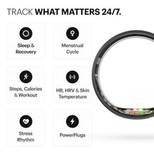 Smart ring features icons with sleep recovery, menstrual cycle, and workout tracking