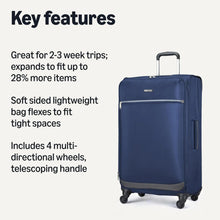 Navy softside lightweight spinner suitcase with front zipper and side pocket