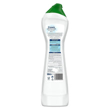 Jif cream cleaner back label on white 500ml bottle with green cap.