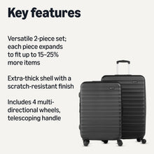 Black hard-sided spinner suitcase with telescoping handle and multi-direction wheels
