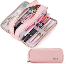 Pink three-compartment pencil case with zipper and assorted pens inside, Size L