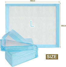 Disposable pet pee pad 60x60 cm, blue edges and white absorbent surface.