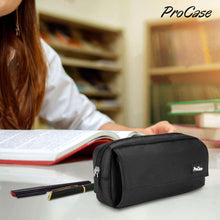 ProCase black zippered pencil case on desk with pens near an open notebook