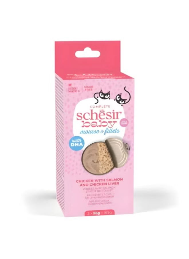 Schesir Baby Cat Can Multipack Mousse & Fillets - Chicken With Salmon & Chicken Liver 165g (3 Cans x55g)