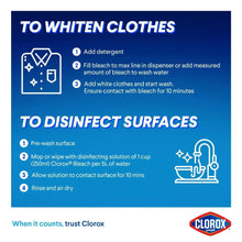 Bleach directions infographic for whitening clothes and disinfecting surfaces with numbered steps