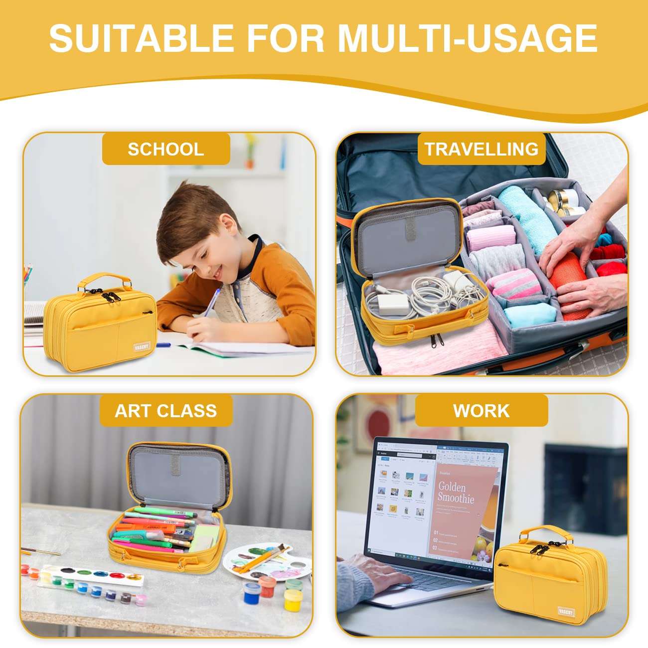 Fashi Large Pencil Case with Storage Compartments for Middle School, Work and Office Pencil Organizer School Supplies Holder Yellow