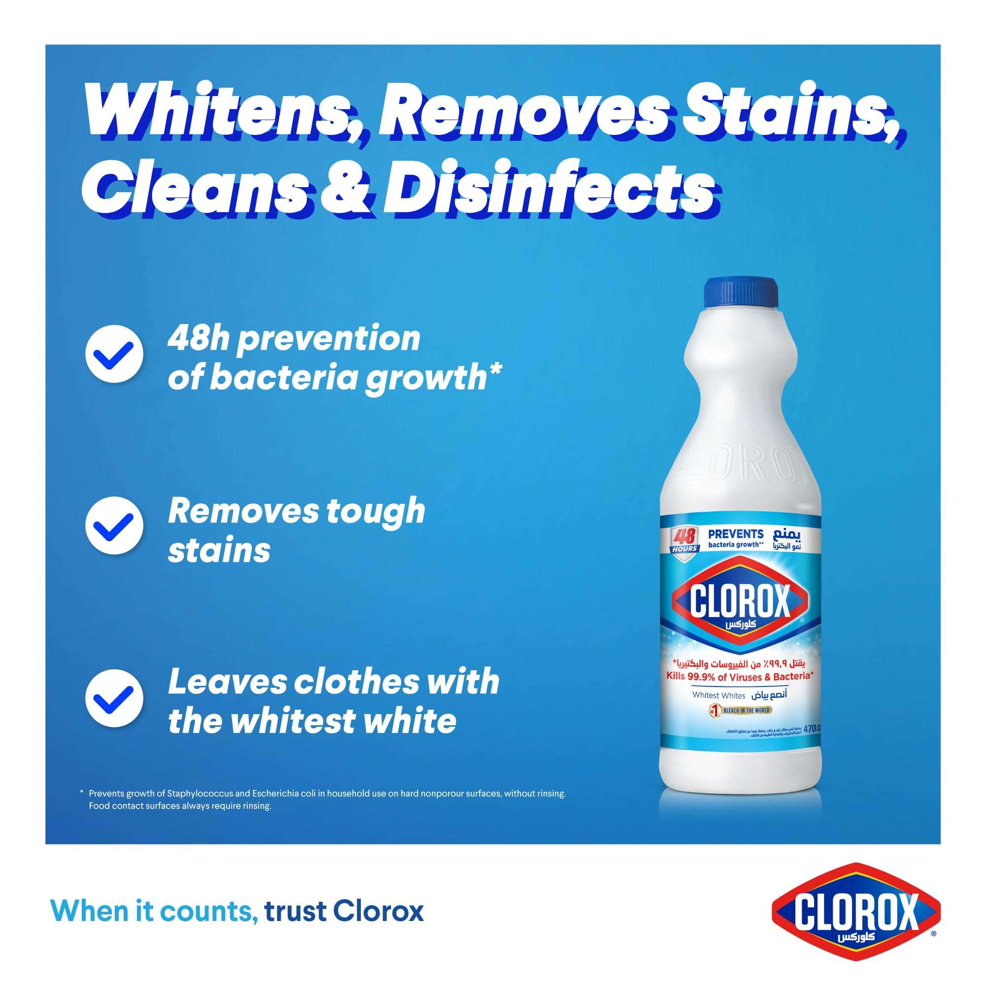 Clorox Liquid Bleach 470ml, Kills 99.9% of Viruses and Bacteria, 48 Hours Prevents Bacteria Growth, Removes Stains