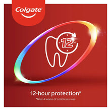Toothpaste benefits panel with 12-hour protection text and tooth shield icon