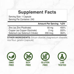 Zinc 50mg with Selenium 200mcg + Copper, 240 Capsules, 8 Month Supply, 3 in 1 Mineral Formula, Zinc Picolinate Complex Supplement, Supports Healthy Immune System for Adults and Kid