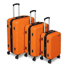 Orange hardside spinner luggage set of three ABS suitcases with black frames and wheels