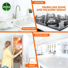 Kitchen cleaning graphic with Dettol logo, showing sinks, kitchen shelf, and stove areas