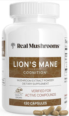 Real Mushrooms Lions Mane supplement bottle with loose capsules organic lions mane mushroom capsules for cognition support