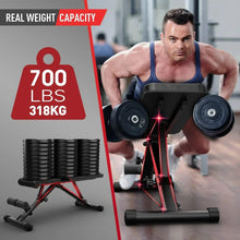 Adjustable weight bench with black pads and dumbbells during a workout