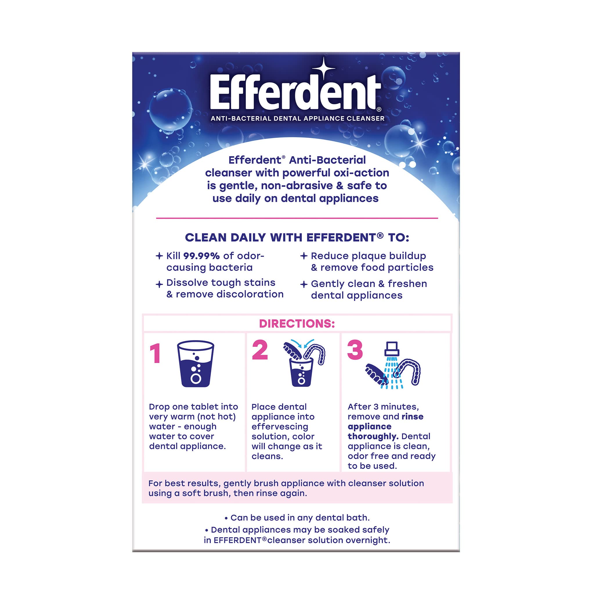 Box of Efferdent retainer cleaning tablets showing anti bacterial dental appliance cleanser label and directions