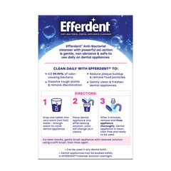 Box of Efferdent retainer cleaning tablets showing anti bacterial dental appliance cleanser label and directions