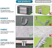 Clothes storage bag organizer details: reinforced handle, 3-layer fabric, double zipper