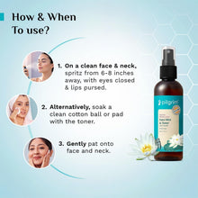 Face mist bottle with black spray pump and lotus, shown alongside use instructions