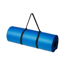 Blue yoga gym floor mat, rolled with black carrying strap handles