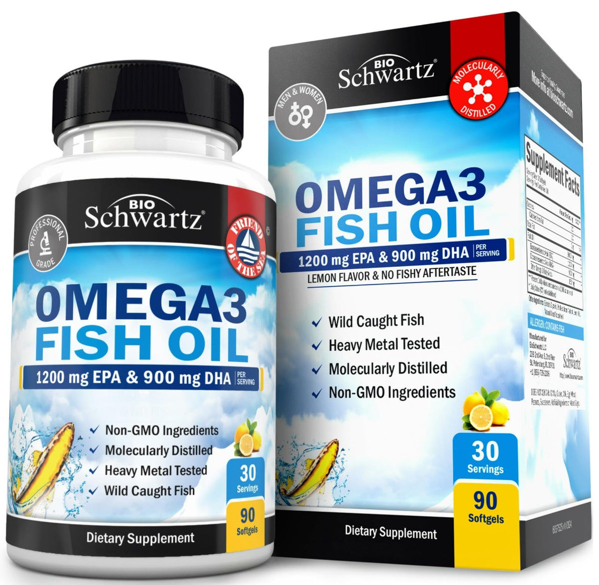 BioSchwartz, Omega 3 Fish Oil, Lemon Flavor, 1200 mg EPA & 900 mg DHA, 90 Softgels