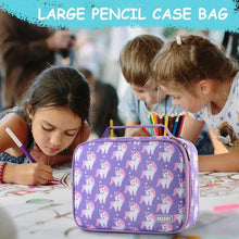 Purple unicorn pencil case with rounded zipper front and top carry handle