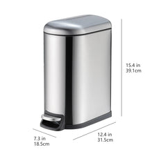 Small brushed stainless steel D-shaped trash can with closed lid and foot pedal