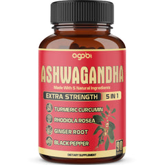 agobi Ashwagandha Capsules, 5in1 Equivalent to 5200mg Powder. Combined with Turmeric, Ginger, Black Pepper and Rhodiola. Mood and Strength Support Supplement - 90 Capsules for 3 Month Supply