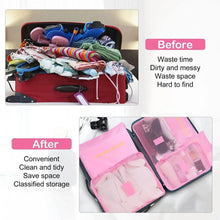 Pink packing cubes and mesh laundry bag arranged for organized travel storage
