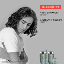 Kerastase Genesis Homme hair spray bottles shown with model portrait