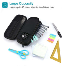 Black double-compartment zip pencil case with pens, markers, and notes