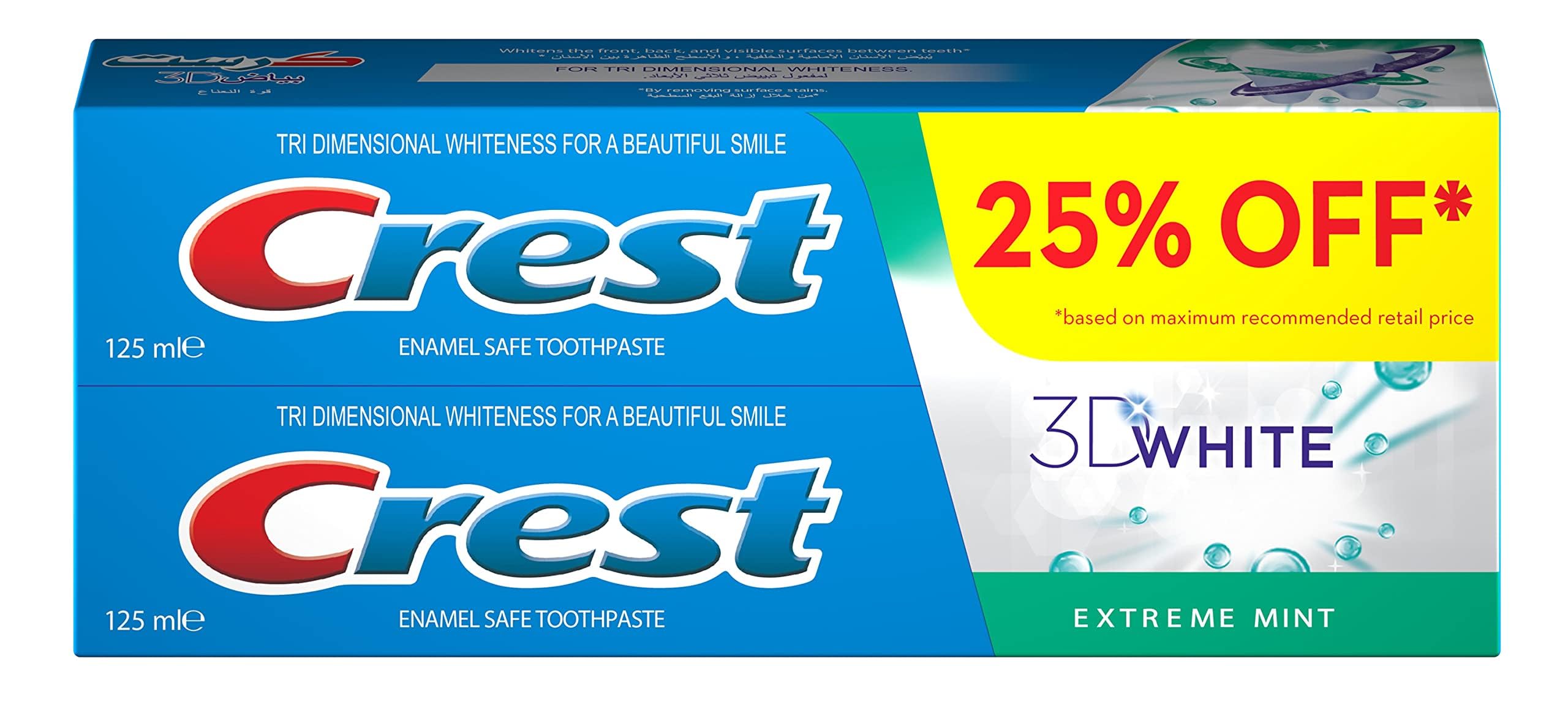 Crest 3D White toothpaste UAE pack of two 125 ml Extreme Mint tubes with 25 percent off promotional box