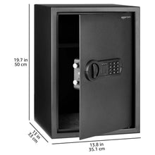 Black electronic safe door with digital keypad and key lock, front view