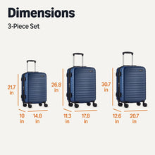 Three navy blue hard-shell spinner suitcases with white telescoping handles