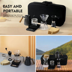 Pour Over Coffee Maker set, V60 Kit with Portable Carry Case, Kettle with Thermometer, Drip Filter Share Pot,Filters, Coffee Scale, Double wall Mug, Manual Grinders