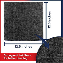 Dark microfiber cloth, square size shown as 12.5 inches