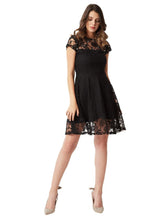 Black lace bodycon knee-length dress with short sleeves and flared hemline