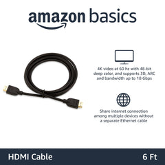 HDMI Cable, 18Gbps High-Speed, 4K@60Hz, 2160p, Ethernet Ready, 6 Foot (2M), Black