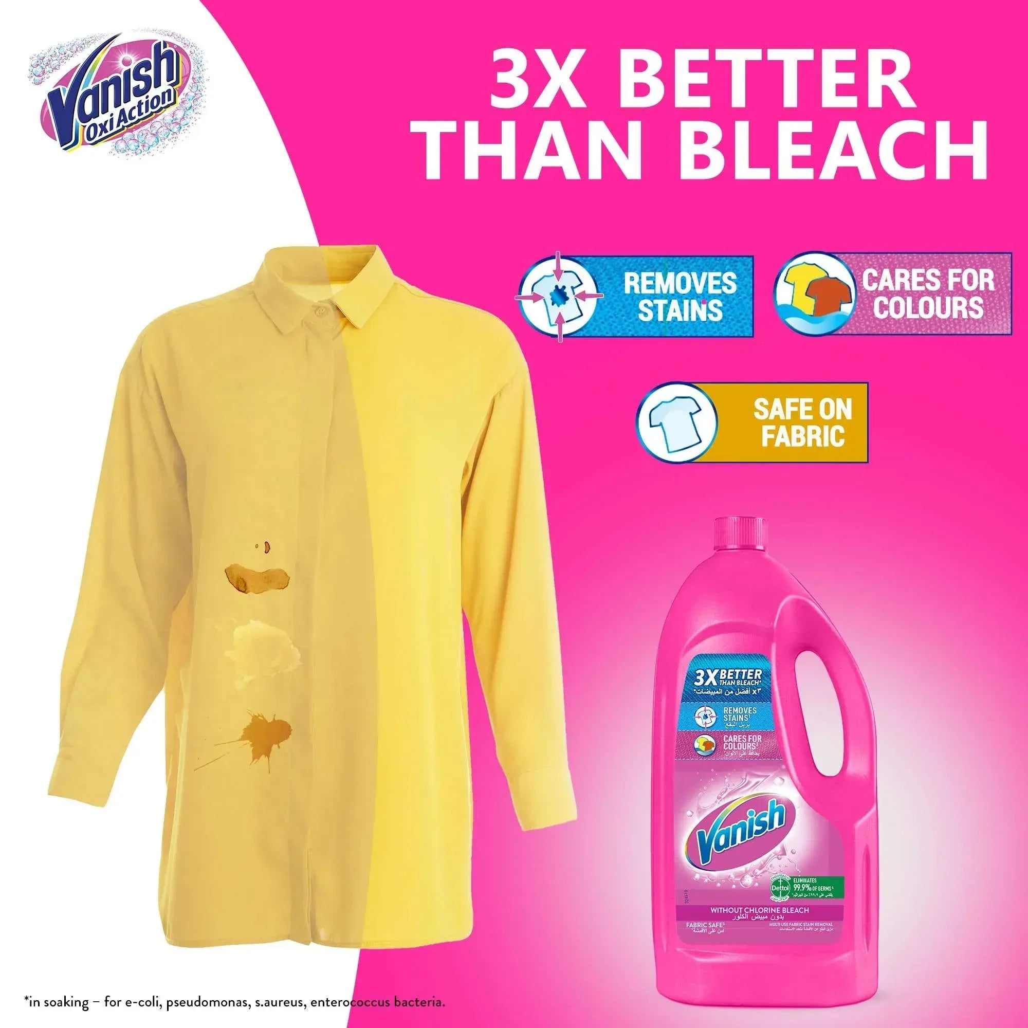Liquid fabric stain remover bottle, pink, beside a stained yellow button-up shirt
