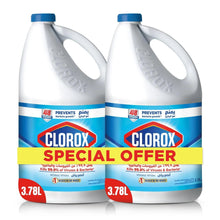 Clorox liquid bleach jugs, blue-striped labels, 2-pack with blue caps