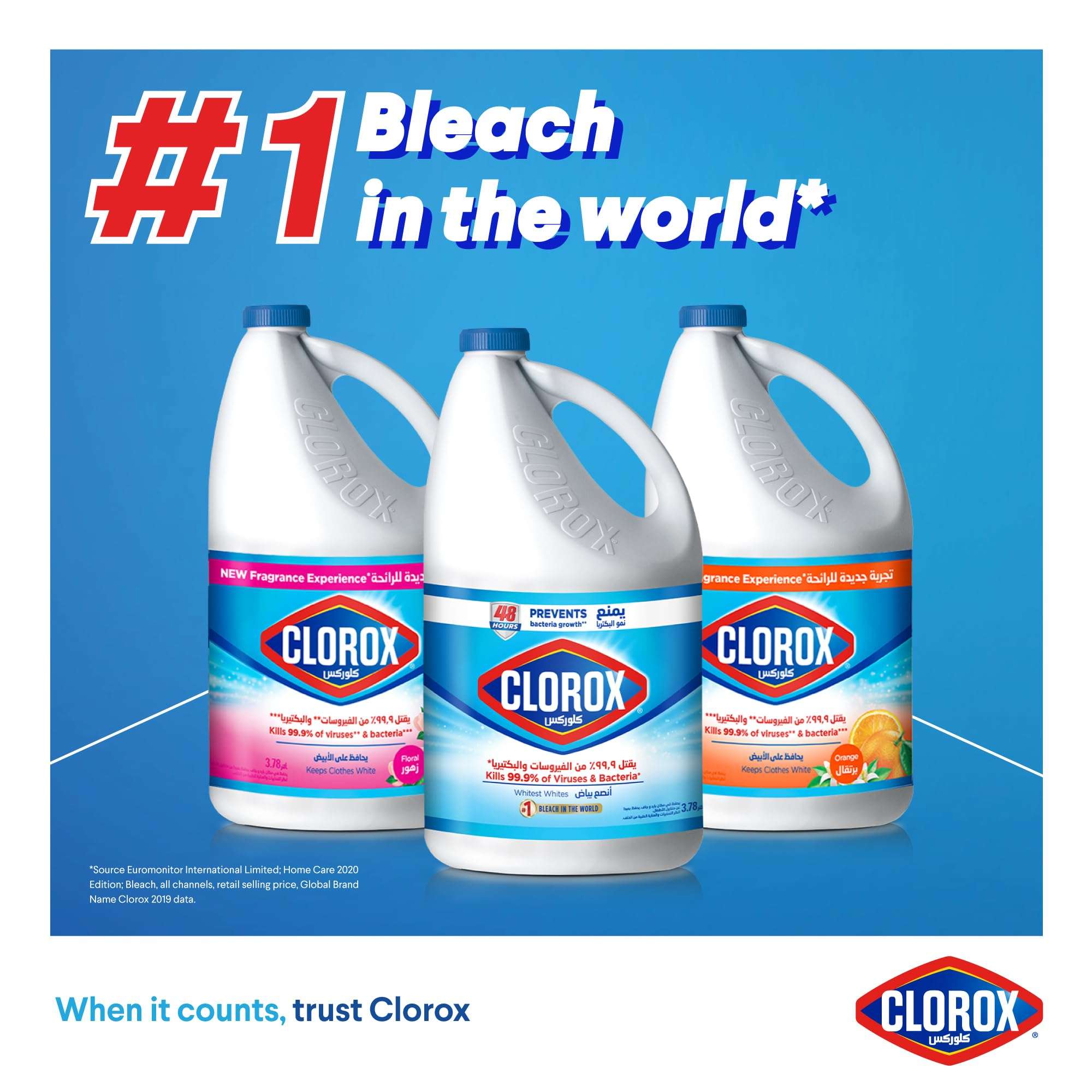 Clorox Liquid Bleach 470ml, Kills 99.9% of Viruses and Bacteria, 48 Hours Prevents Bacteria Growth, Removes Stains