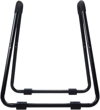 Dip fitness bar with foam grips, black steel frame and floor pads