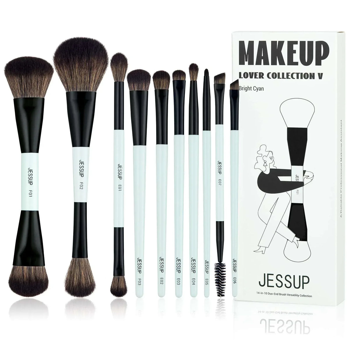 Makeup brush set with black handles and bright cyan ferrules, 10 double-ended brushes
