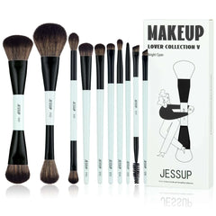 Makeup brush set with black handles and bright cyan ferrules, 10 double-ended brushes