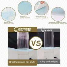 Pet pee pad cross-section showing blue absorbent layer and white outer layers.